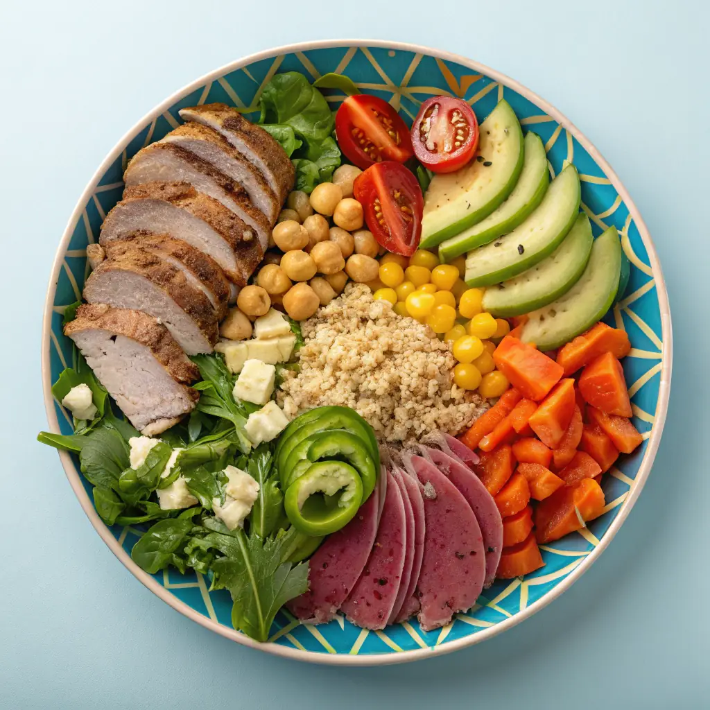 A colorful plate of food with fruits, vegetables, and grains, representing a healthy diet for brain development.