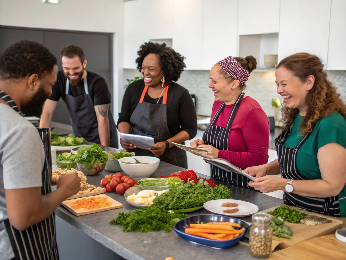 A visually appealing image of a NeuroFood-sponsored workshop, showing participants actively involved in a cooking demonstration focused on preparing brain-boosting meals.